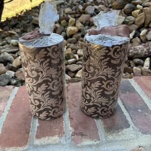 2 Pillar Candles Brown Scroll Velvet Bed Bath And Beyond 2010 New 6” Tall 3” Dia